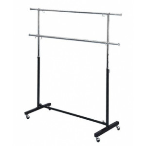 https://www.techni-contact.site/ressources/images/produits/merchandising/porte-vetements-autoportant-double-hauteur-avec-roulettes-52337829-1.jpg - Longueur ajustable : 1200-2100 mm - Capacité de charge Max : 60/70 kg - Sur roulettes