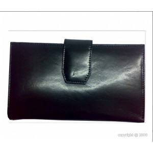 Portefeuille pour femme cuir noir avec languette - Dimension (L x h) : 19 x 11 cm - 2 compartiments et 2 poches