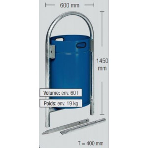 Poubelle éxtérieure à embétonner - Capacité : 60 L - Dimensions : 600 x 1450 mm - Finition :  Acier galvanisé