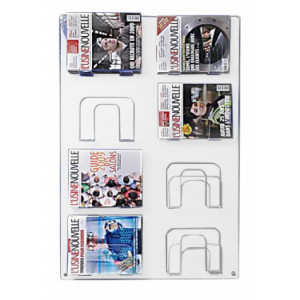 Présentoir mural magazine 8 cases - Matière : Plexiglas cristal - Dimensions: 68/100 cm - 8 cases de 25 cm de hauteur