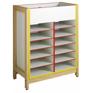 Rangement scolaire bi-face haut - 2 bacs + 12 cases - piètement latéral bois