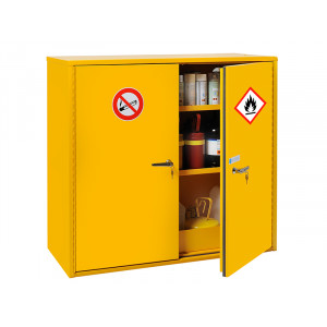Stockage : armoire pour produits dangereux - 2 portes - Armoire à fermeture automatique des portes - Dim. (H x L x P) : 110 x 120 x 52 cm - Rétention totale : 82L