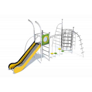 Structure de jeu en inox 2 tours - Hauteur de chute : 250 cm - Dimensions (L x l x H) : 665 x 367 x 356 cm