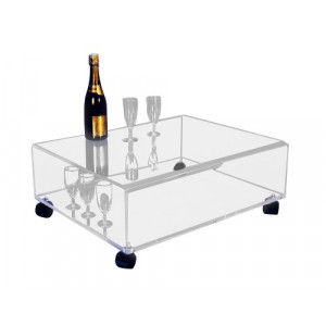 Table basse en plexiglas sur roulettes - Plexiglas cristal épaisseur 10 et 15mm - Plateau 60 x 75 cm-Ht totale 30 cm