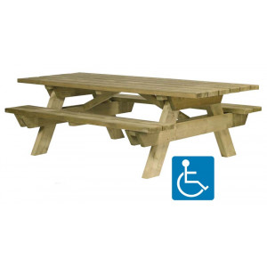 https://www.techni-contact.site/ressources/images/produits/merchandising/table-pique-nique-bois-pmr-87124695-1.jpg - Longueur plateau : 2300 mm - Assise : 450 mm - Pin traité autoclave - à poser ou à sceller