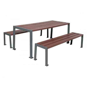 https://www.techni-contact.site/ressources/images/produits/merchandising/table-pique-nique-en-pastique-recycle-et-acier-98446361-1.jpg - Longueur : 1800 mm – Assise : 393 mm – Sur platine