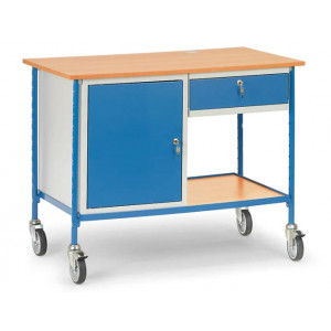 https://www.techni-contact.site/ressources/images/produits/merchandising/table-roulante-avec-1-placard-1-tiroir-a-serrure-47666514-1.jpg - Charge : 150 Kg - Hauteur table 910 mm - Plan de travail en mélaminé