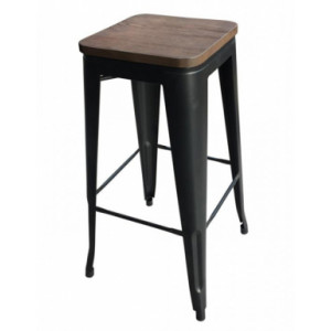 Tabouret métallique  industriel empilable - Dimensions  au sol ( L x P ) : 43 x 43 cm - Hauteur d'assise : 75 cm - Finition : Noir mat avec assise bois chocolat