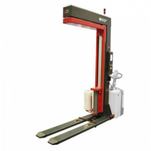 https://www.techni-contact.site/ressources/images/produits/merchandising/transpalette-filmeur-electrique-modele-800e-77243364-1.jpg - Système de banderolage à bras tournant uni à un transpalette électrique.