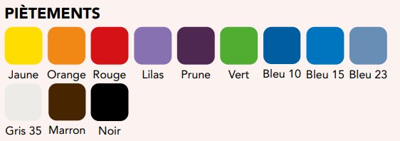 Couleurs standards pieds : Gris (RAL 7035) / Rouge (RAL 3000) / Bleu 10 (RAL 5002) / Jaune<br>Autres couleurs sur demande
