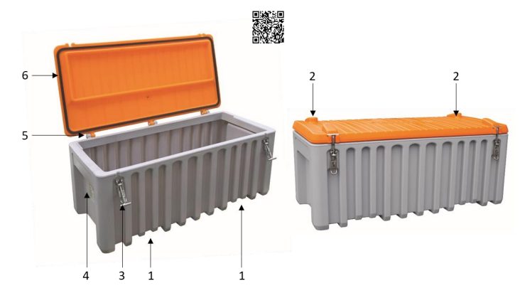 1 - Poignée intégrée<br>2 - Butée d’arrêt d’ouverture du couvercle<br>3 - Joint d’étanchéité intégré dans le couvercle<br>4 - Passage de fourches pour chariot élévateur<br>5 - Fermeture à levier en acier galvanisé<br>6 - Empreinte pour gerbage