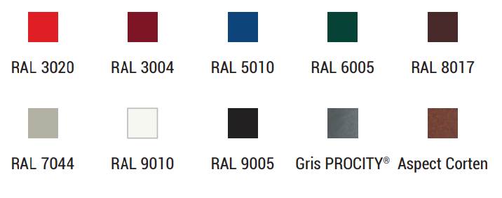 Peint sur galva selon nos coloris : monochrome ou bicolore (colliers, embases, coins panneaux/bandeaux et pommeaux d’une autre couleur que la vitrine et des poteaux)