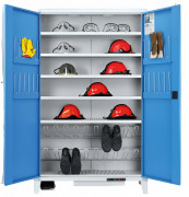Vestiaire chauffant & désinfectant en acier PURESTORE - Double porte battante – 5 étagères - 2 supports bottes pour 10 paires - 12 paires de gants – 1000 w - L.1200 x P. 490 x H. 1940 mm - Gris et bleu