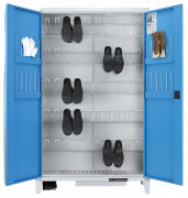 Vestiaire chauffant et désinfectant en acier PUREBOT- Double porte battante – 5 supports bottes pour 25 paires - 12 paires de gants – 1000 w - L.1200 x P. 490 x H. 1940 mm - Gris et bleu