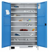 Vestiaire désinfectant en acier CARESHOO - 8 étagères perforées et réglables - Double porte battante -10 paires de chaussures - 12 paires de gants – 16 w - L.1200 x P. 490 x H. 1940 mm - Gris et bleu