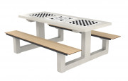 Table multi-jeux en béton 3 plateaux de jeux intégrés - 6 places - Assise en compact HPL - Structure acier  - L.2000 x P.1555 x H.785 mm - Coloris béton et assise au choix